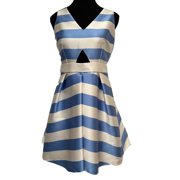 Topshop Blue White Stripe Cutout Mini Dress Size 6 Fitted Sleeveless V-Neck - Picture 1 of 9